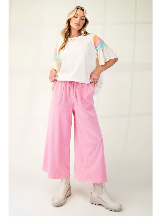 Easel Los Angeles Pants - New: Easel Feeling Good Pink Drawstring Waist Terry Knit Wide Leg Pants• Medium